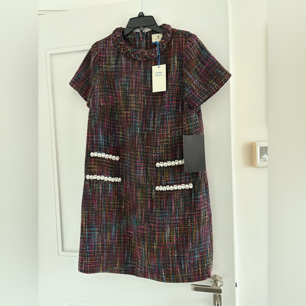 NWT Tuckernuck Vibrant Rainbow Tweed Dress with Pearl Details